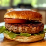 Frozen turkey burger air fryer perfectly cooked in a modern kitchen.