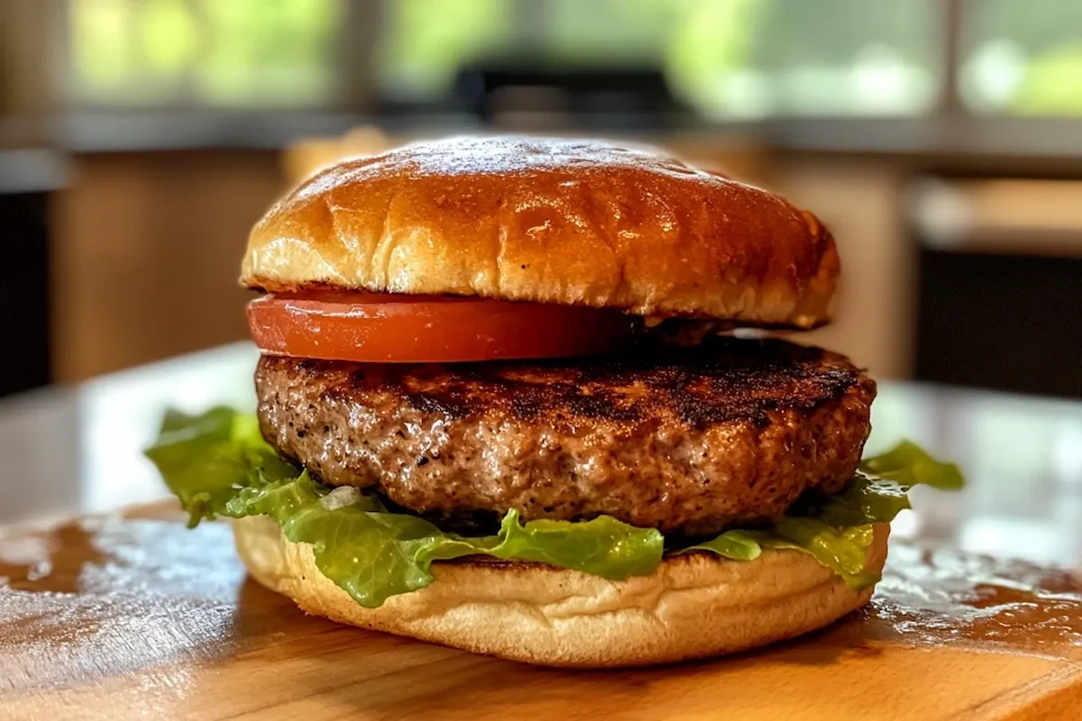 Frozen turkey burger air fryer perfectly cooked in a modern kitchen.