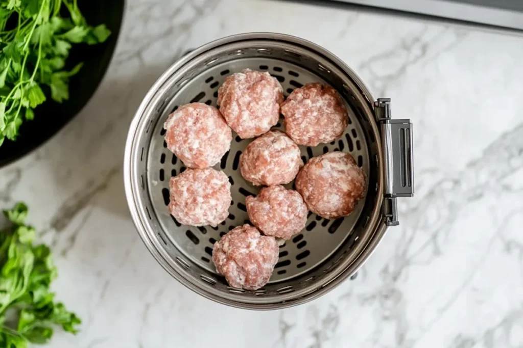 Frozen turkey burgers in an air fryer basket.