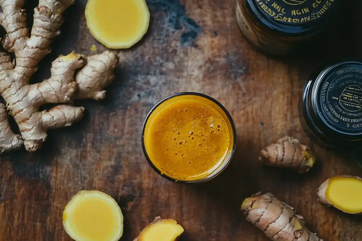 Best immunity shot made with ginger, turmeric, and fresh ingredients in a kitchen.