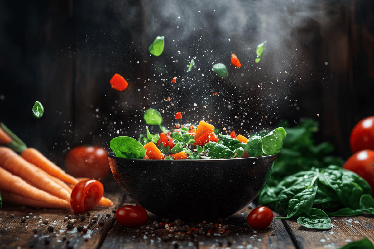 Healthy vegetable soup with lean protein, colorful vegetables, and herbs in a rustic bowl on a wooden table.