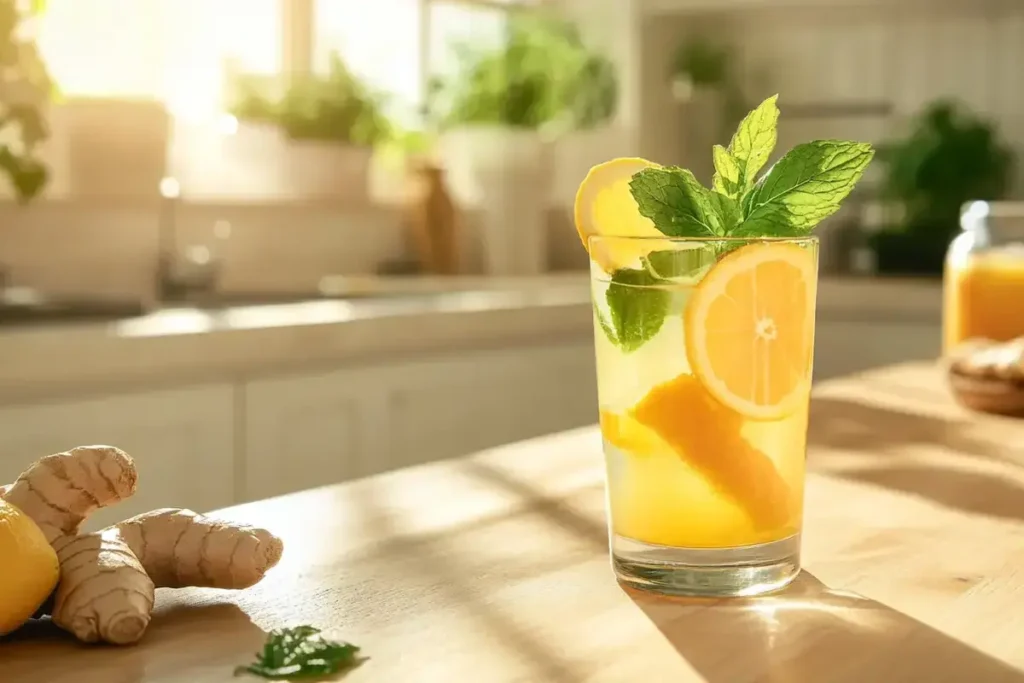 Freshly made immune booster drink in a glass with lemon and mint garnish