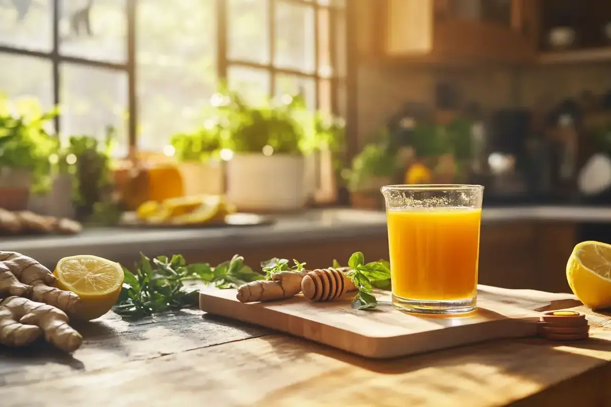 Homemade immunity shot with ginger, turmeric, and citrus in a cozy kitchen.