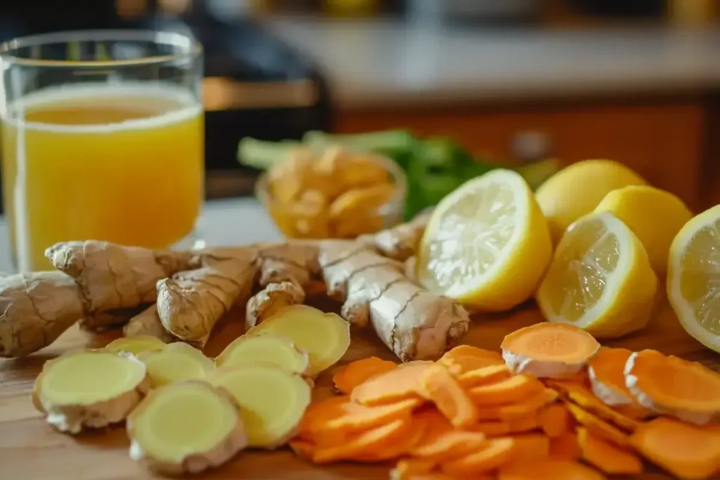 Immune booster drink ingredients on a wooden board with turmeric, ginger, lemon, and honey.