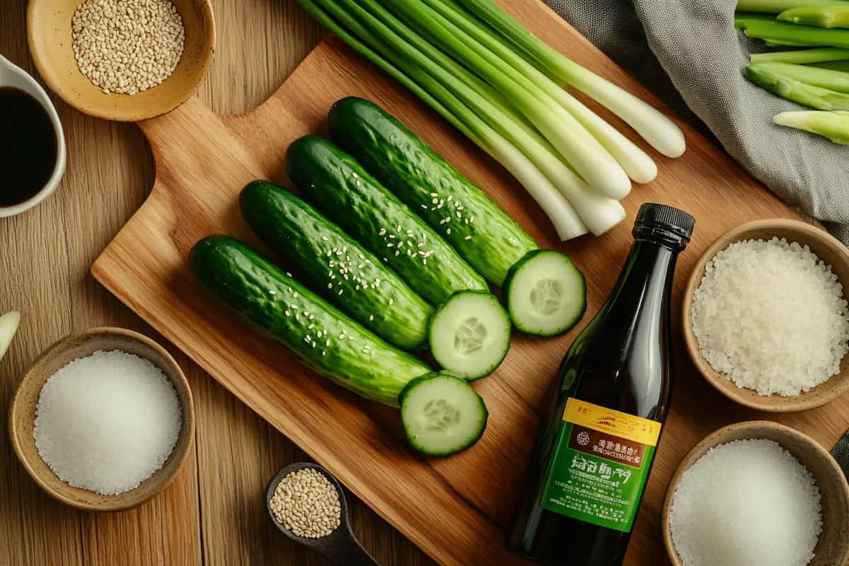 Close-up of Japanese cucumber salad garnished with sesame seeds and nori strips in a modern kitchen