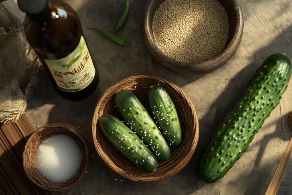 Ingredients for Japanese cucumber salad including cucumbers, rice vinegar, soy sauce, and sesame seeds