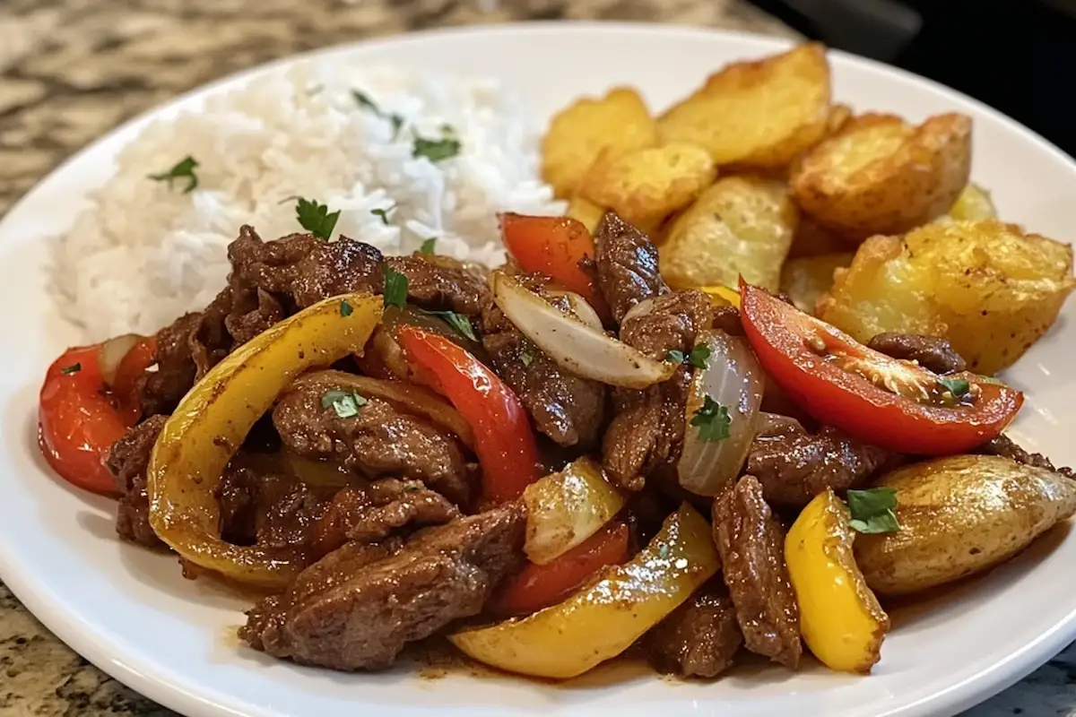 Delicious lomo saltado stir-fry with beef and vegetables.