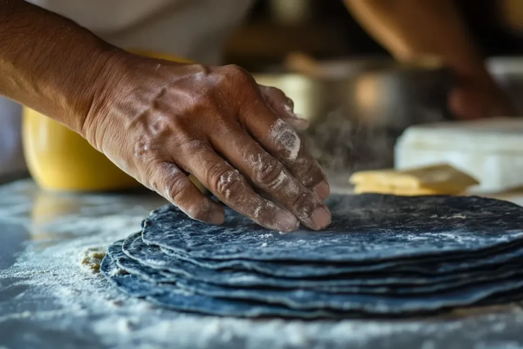 Homemade blue corn tortillas being made