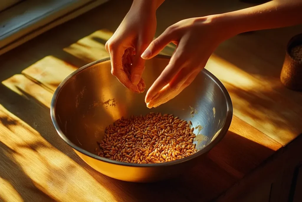 Mixing wheatberry bread dough in a bowl