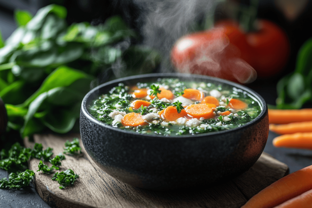 Steaming bowl of the healthiest soup, featuring lean protein, spinach, carrots, and tomatoes with herbs, set on a rustic wooden table.