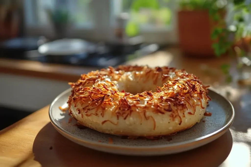 Onion bagel on a plate