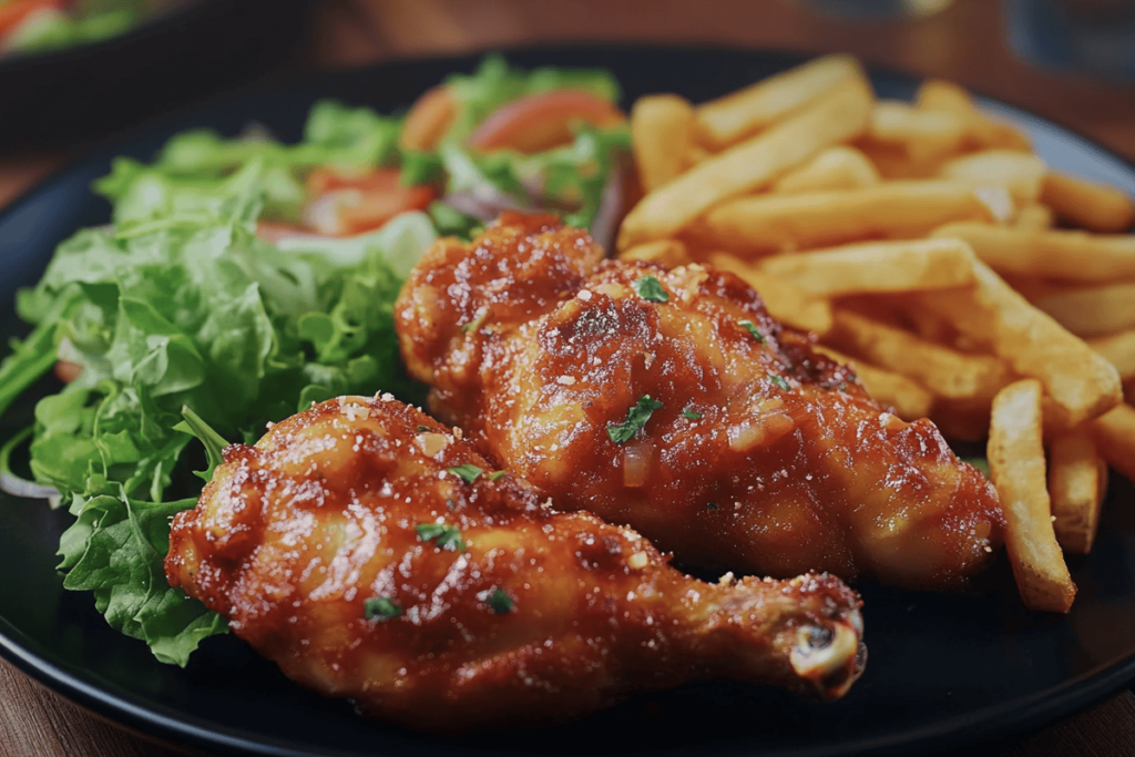 Served Peruvian chicken with fries and salad