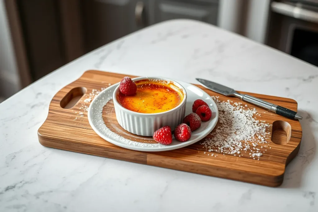 Crème brûlée plated with raspberries, a blowtorch, and powdered sugar for decoration.