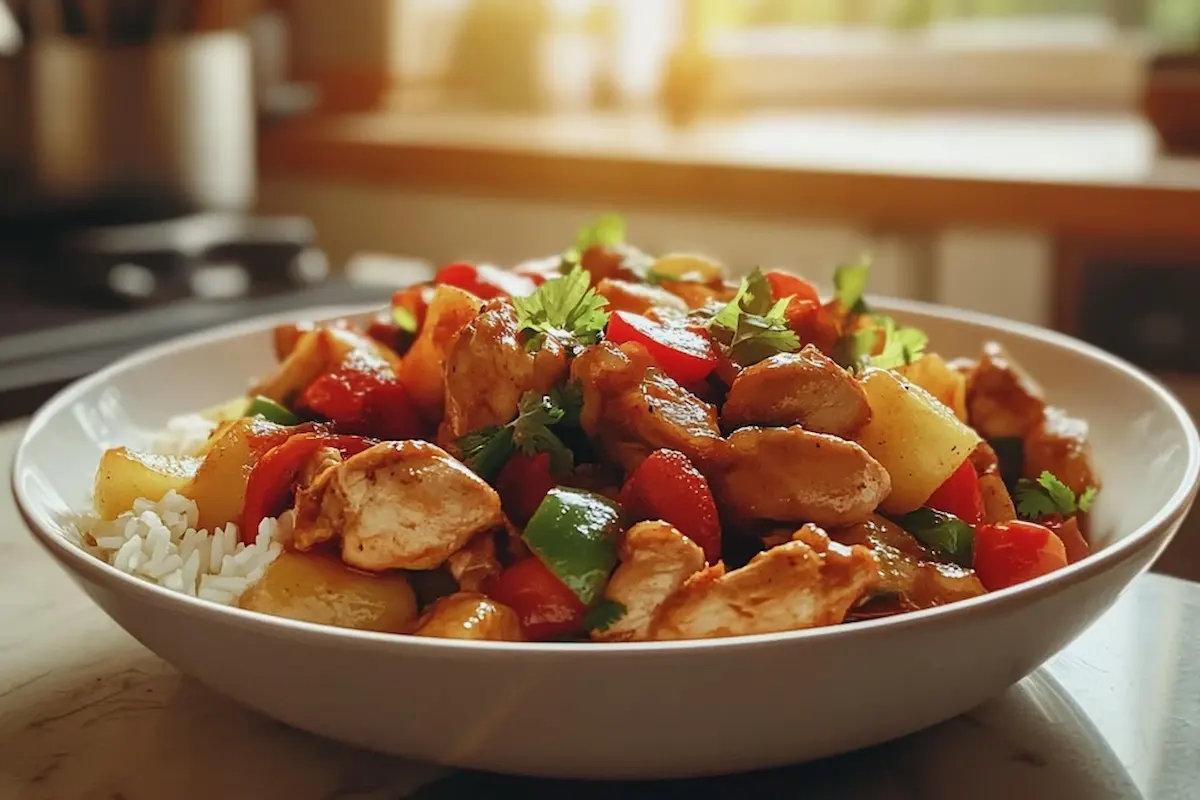 How Many Calories in a Pollo Saltado? A close-up of pollo saltado with rice and potatoes.