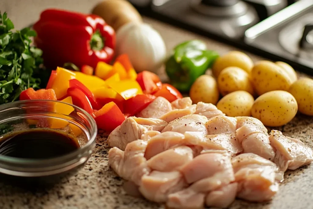 Pollo saltado ingredients on a kitchen table