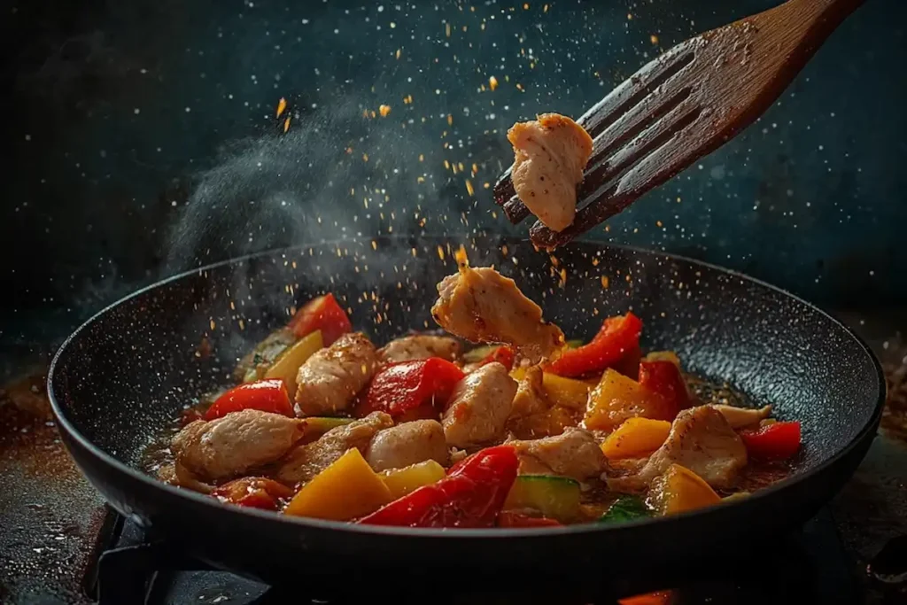 Stir-frying pollo saltado in a hot pan