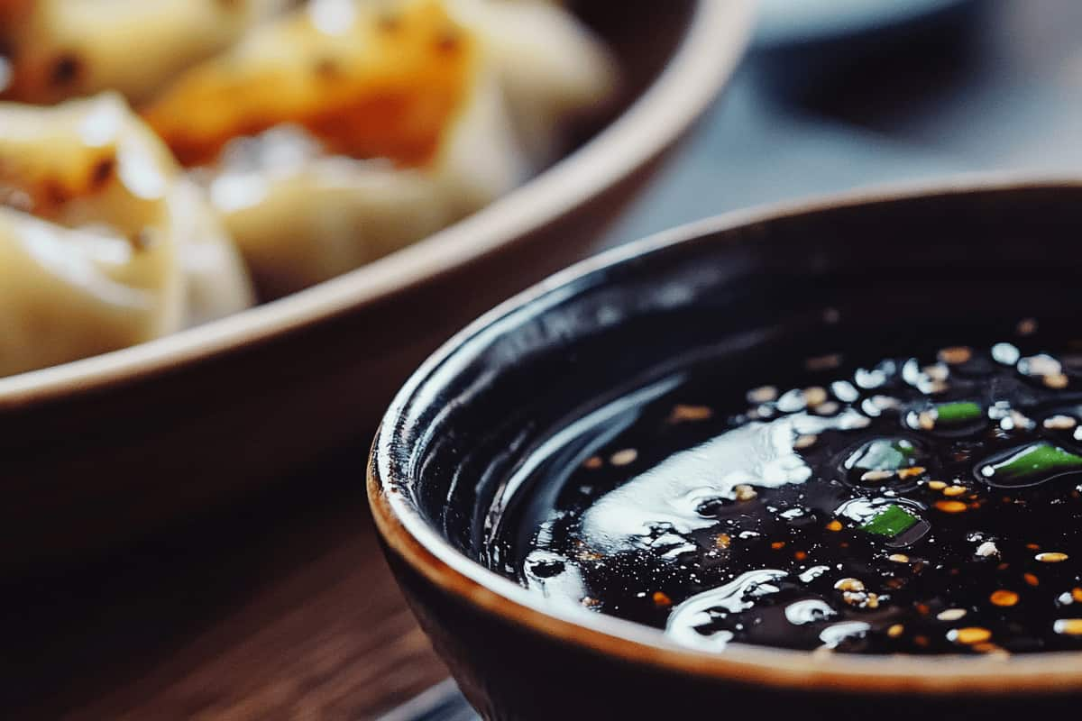 Black vinegar dish with steamed dumplings in a modern kitchen.