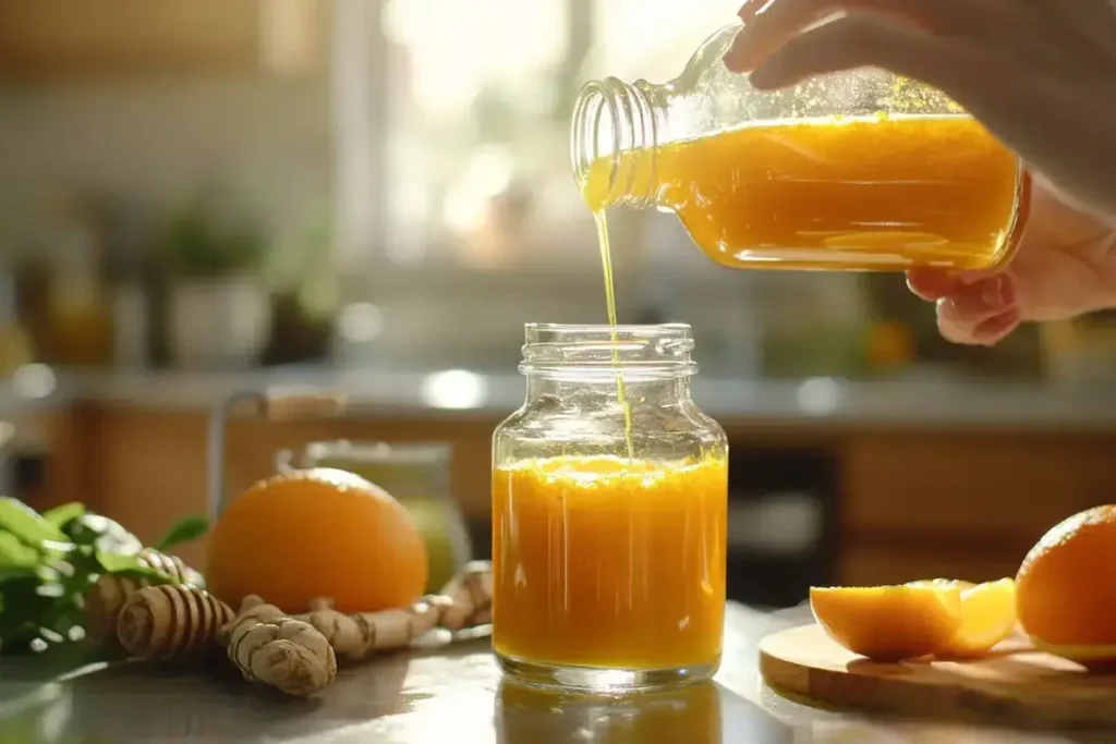 A close-up shot of a freshly prepared immunity drink featuring natural ingredients like ginger, turmeric, and lemon, served in a bright kitchen.