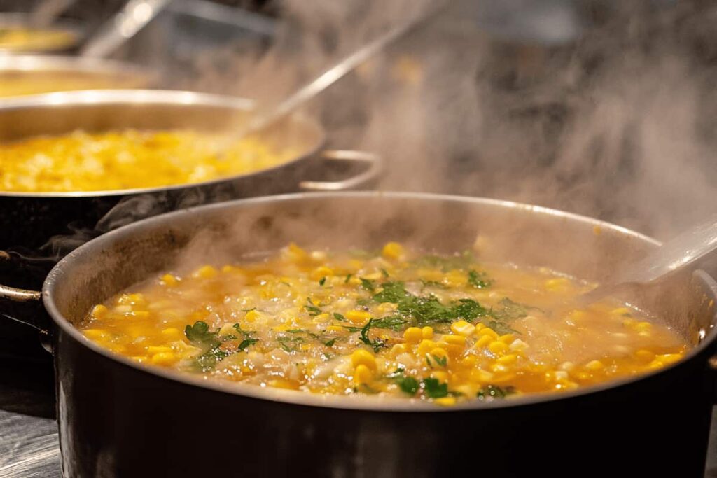 Preparing Three Sisters soup with fresh ingredients in a kitchen