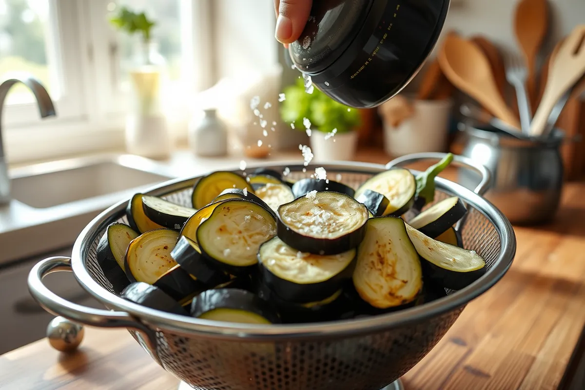 Fresh aubergine slices being salted in a colander on a kitchen countertop