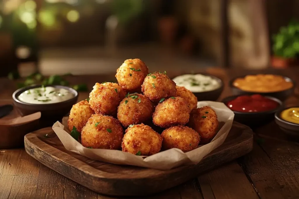 Served frozen meatballs with dipping sauce