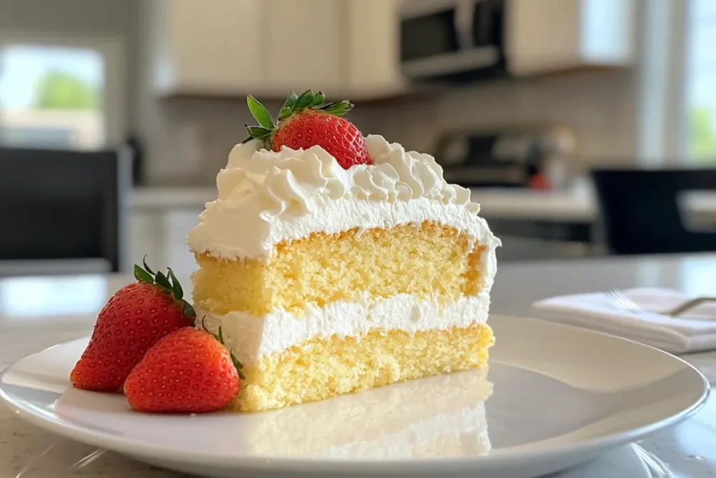 Slice of tres leches cake served on a white plate