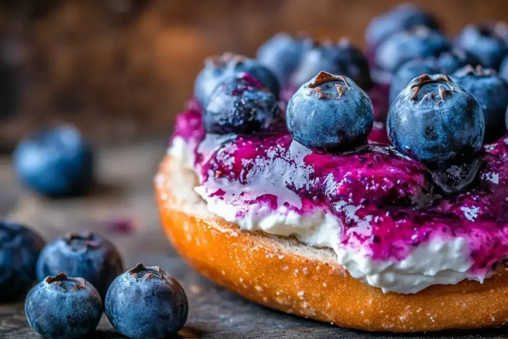 Sliced blueberry bagel with cream cheese on a rustic table.