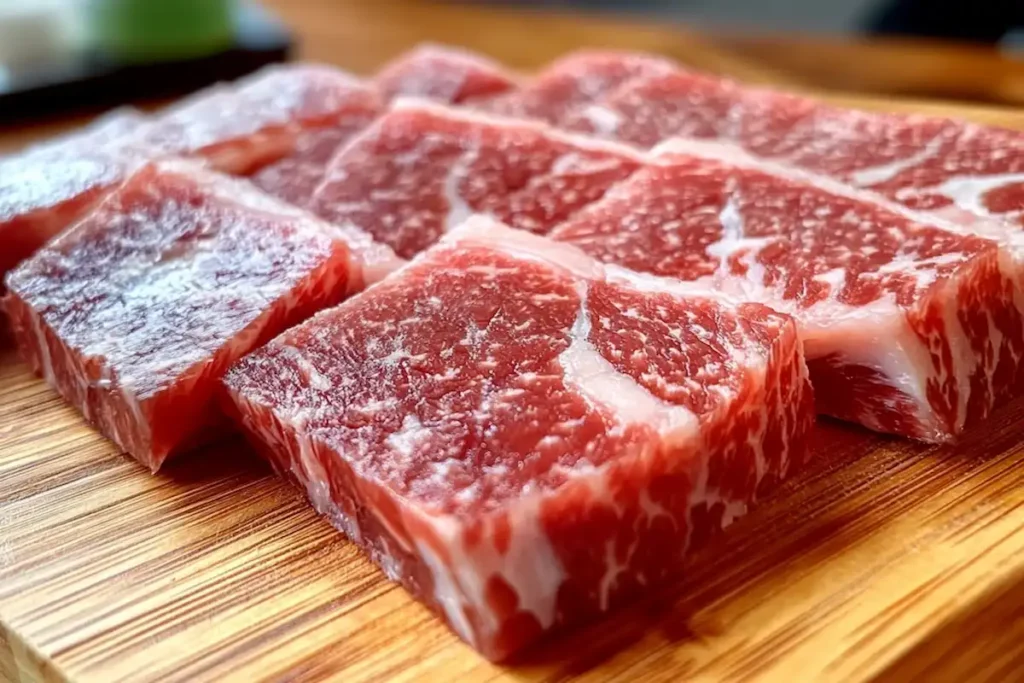 Slicing beef for lomo saltado preparation.