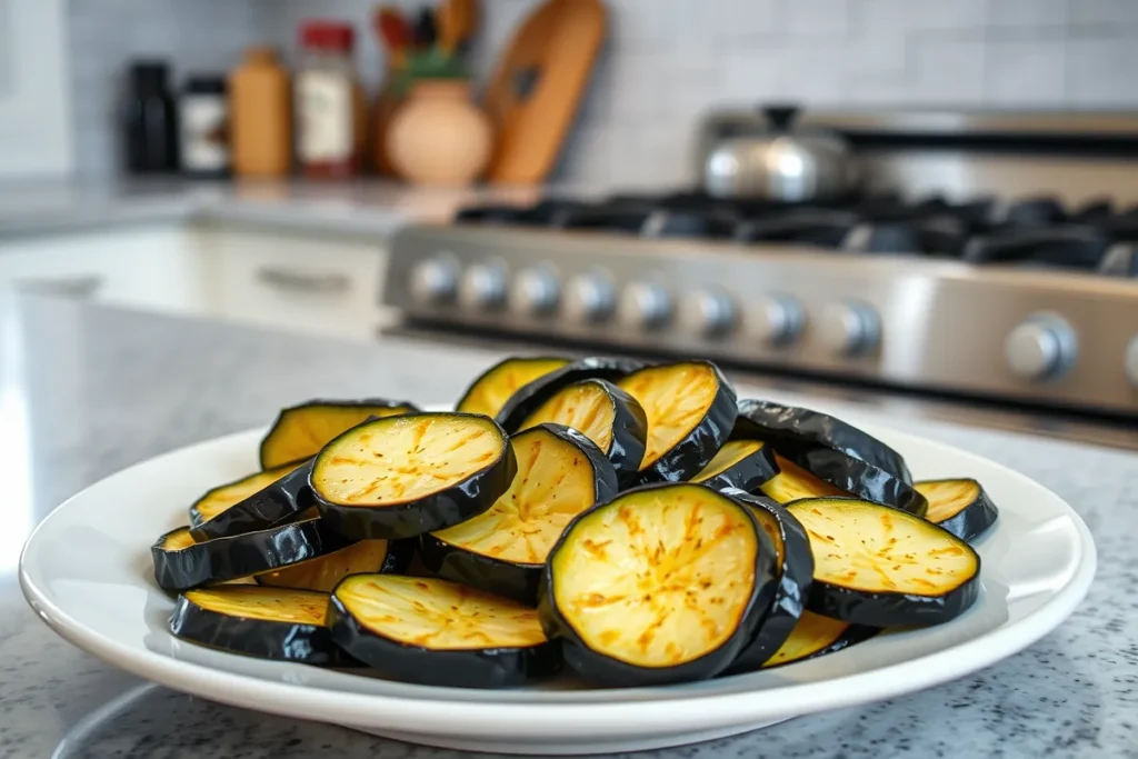 Soaked aubergine slices on a plate in a clean, bright kitchen