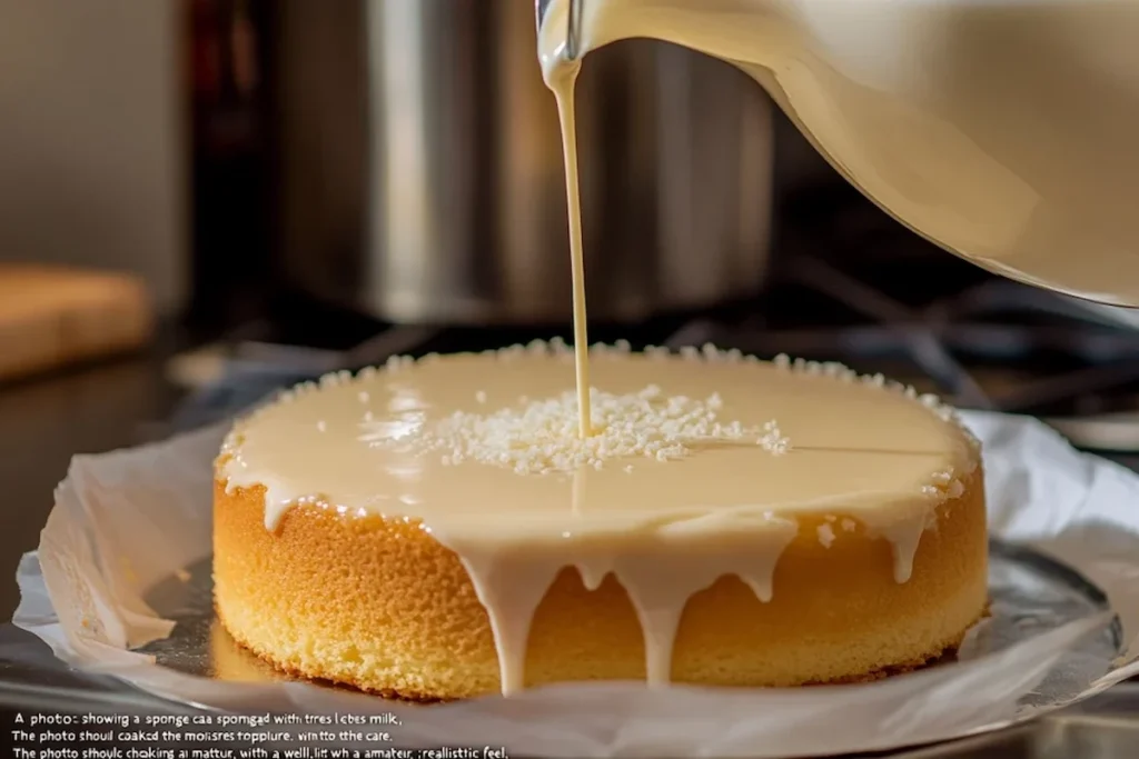 Soaking the cake in tres leches mixture