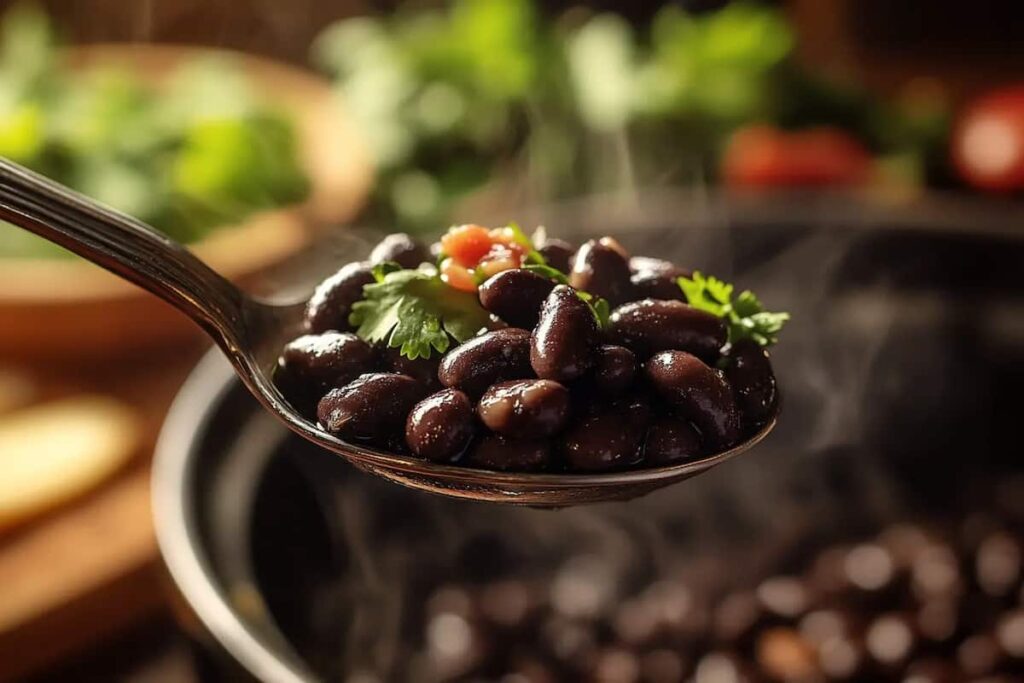 Spoonful of black beans at Chipotle