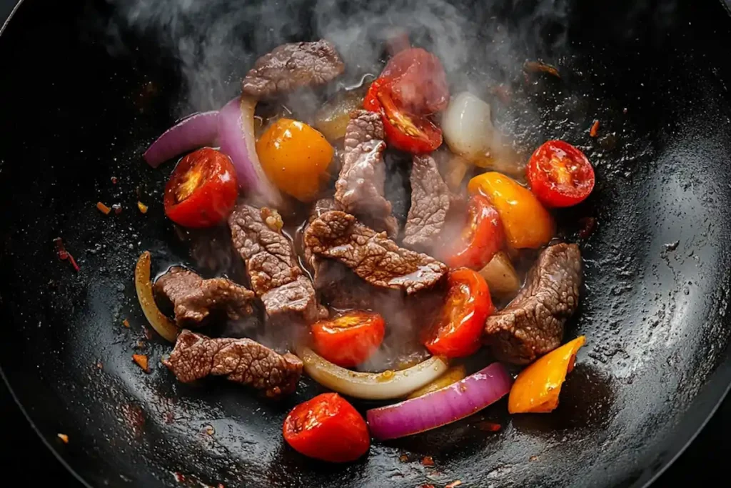 Beef stir-frying for lomo saltado in a wok.