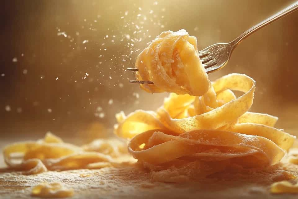 Twirling tagliolini pasta with a fork