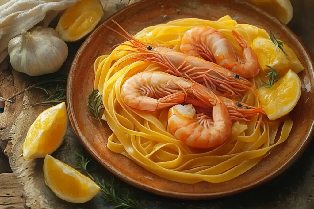 Tagliolini pasta with shrimp and garlic