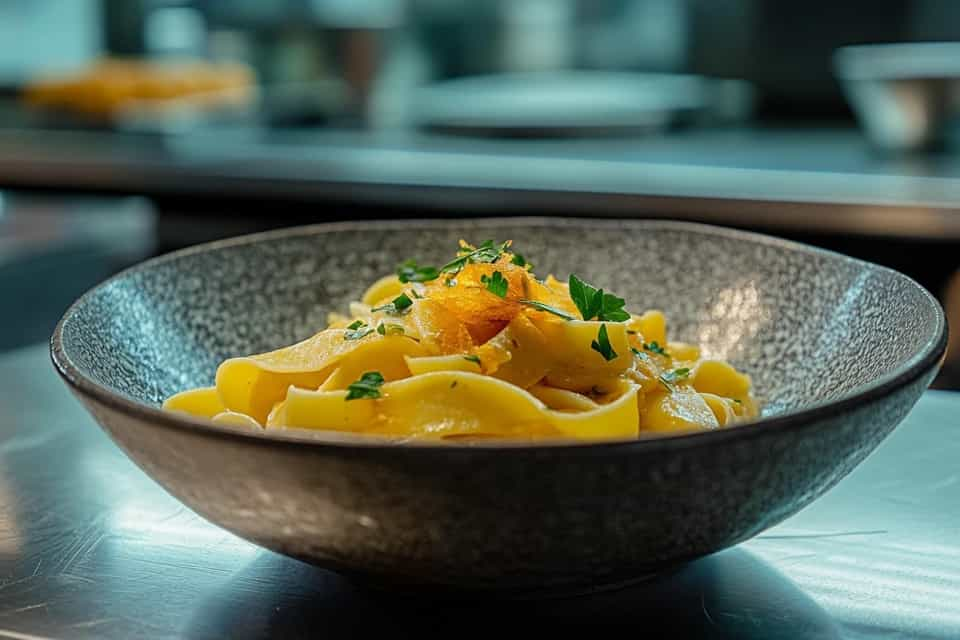 Tagliolini served on a shallow plate