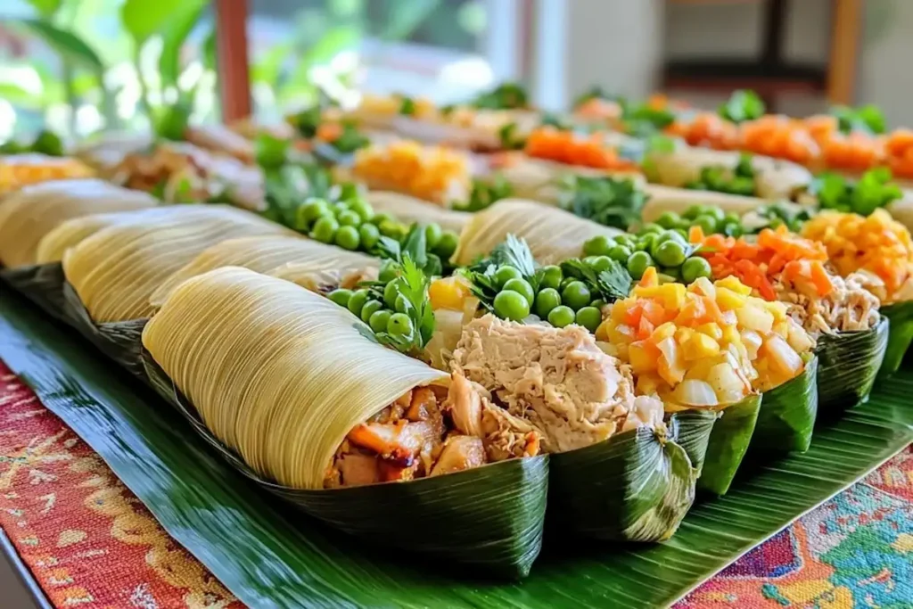 Regional variations of tamal colombiano with different fillings.