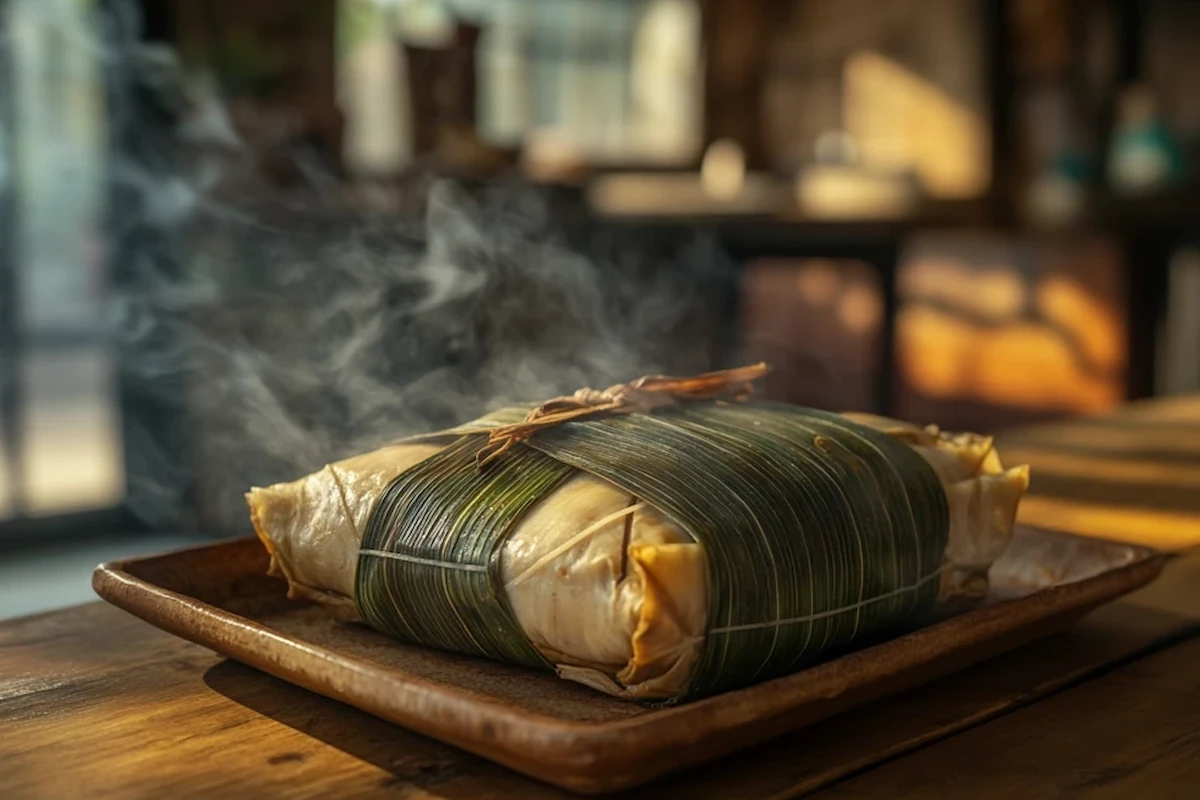 Traditional tamal colombiano wrapped in banana leaves.