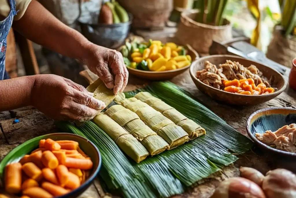 Historical preparation of tamal in Colombia.