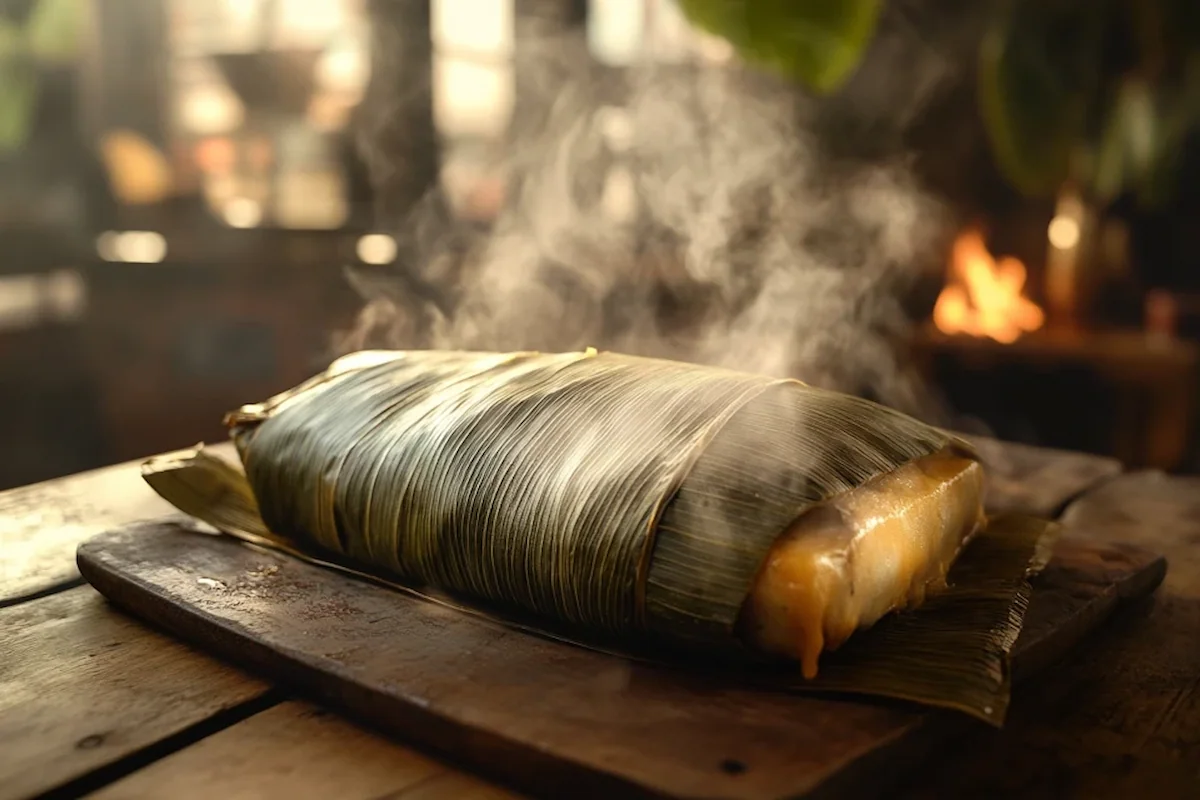 What is tamal in Colombia wrapped in banana leaves.