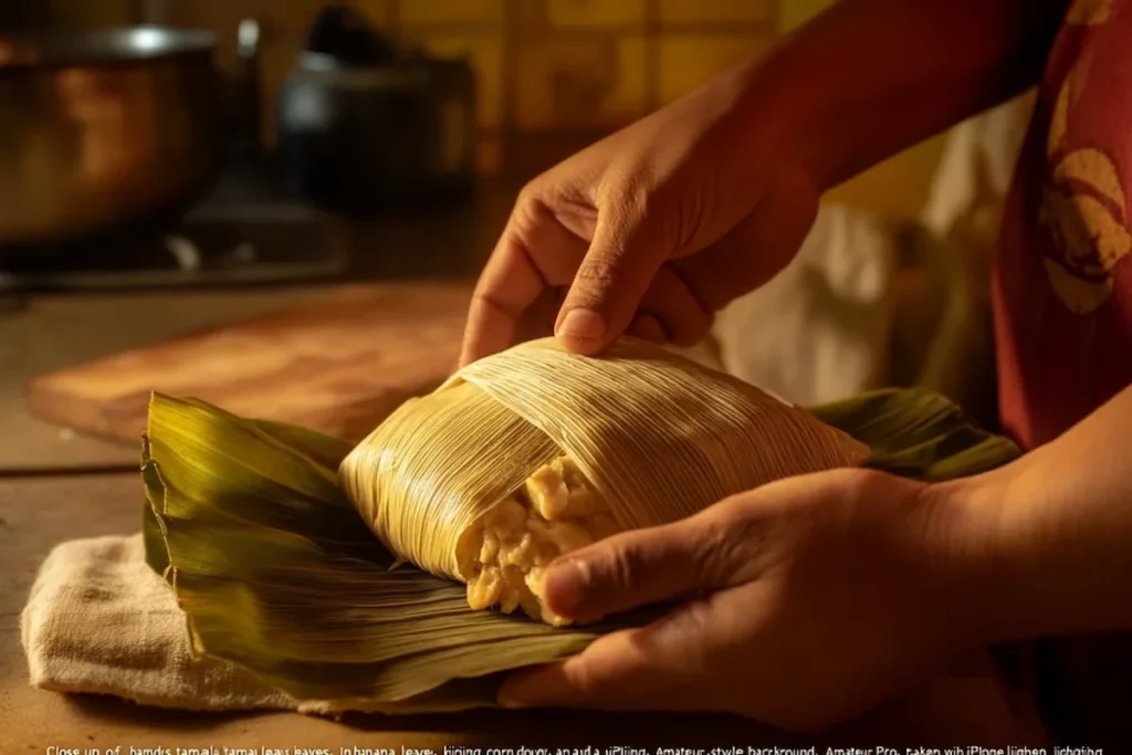 Wrapping tamal in banana leaves in a traditional setting.