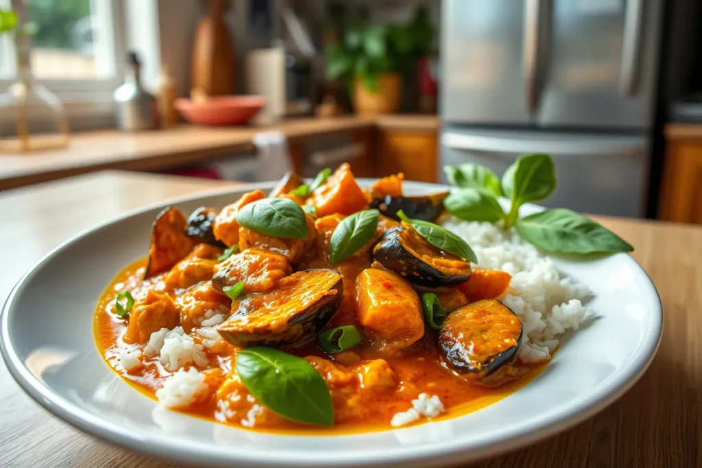 Thai aubergine curry served with jasmine rice and basil