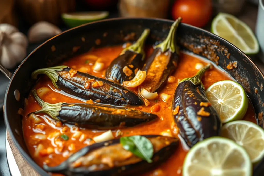 Thai aubergines cooking in red curry sauce