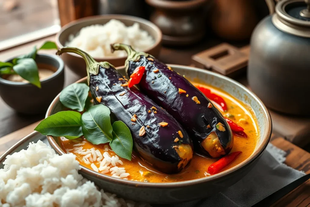 Thai eggplant curry served with jasmine rice and garnished with fresh basil and chilies.