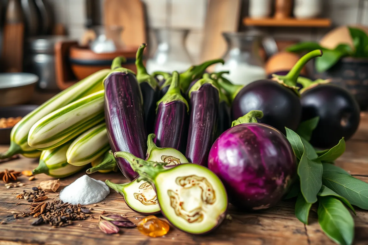 Fresh Thai eggplants and globe eggplants on a wooden table, showcasing their differences in size, color, and texture.