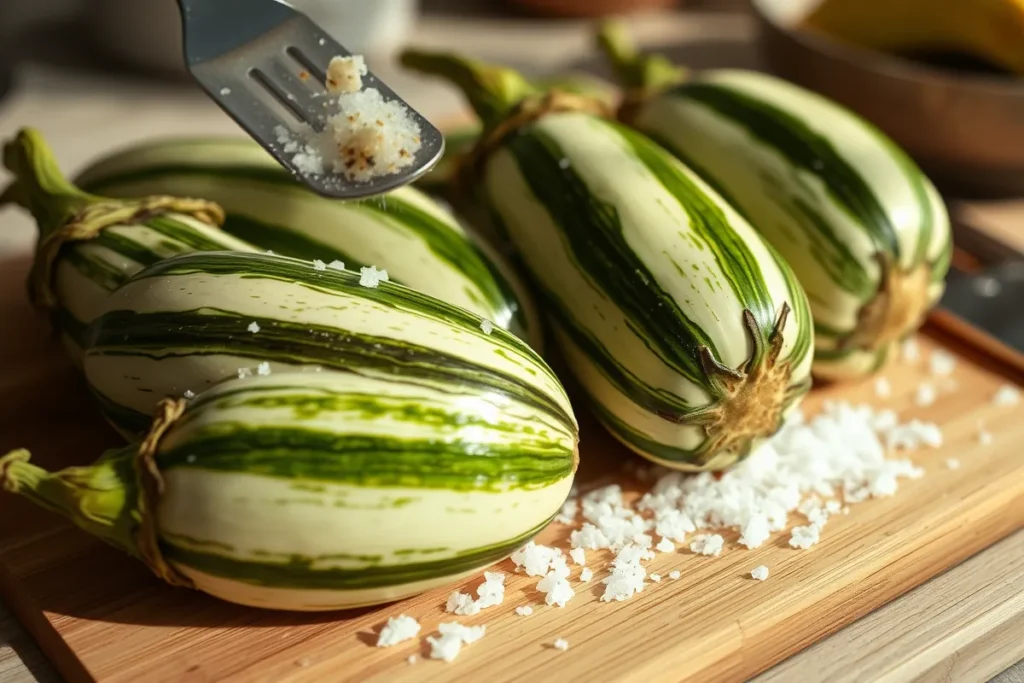 Fresh Thai eggplants sprinkled with salt on a wooden cutting board.