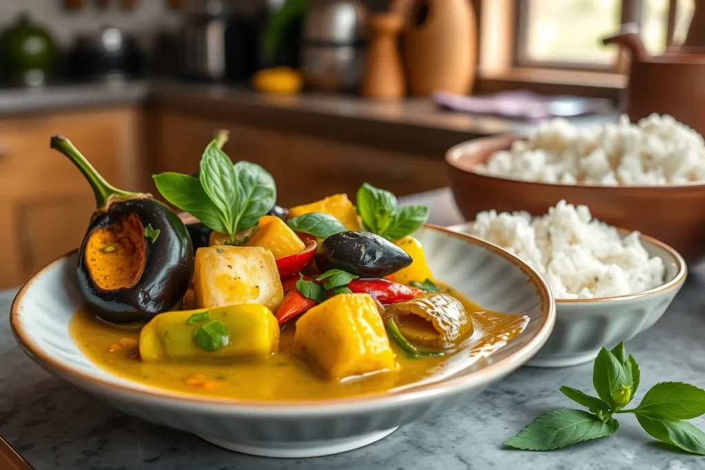 Thai green curry with Thai eggplants and jasmine rice