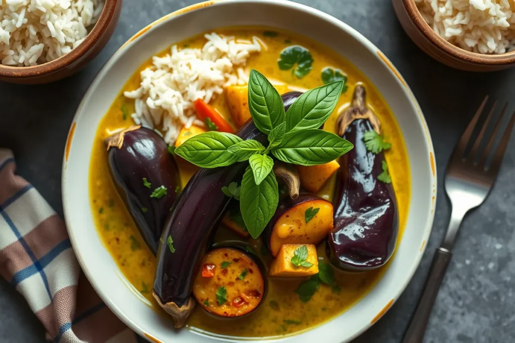 A bowl of Thai green curry with Thai eggplants, highlighting the difference between eggplant and Thai eggplant in traditional dishes.