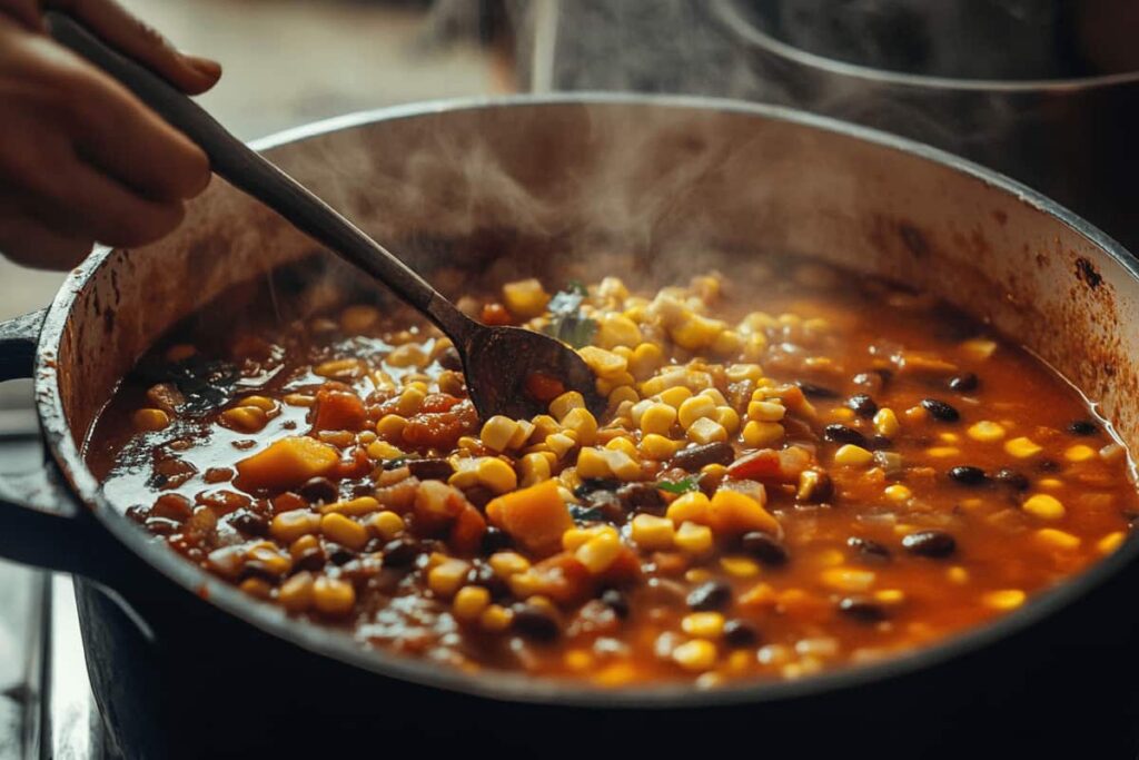 Three Sisters soup made with corn, beans, and squash in a rustic kitchen setting