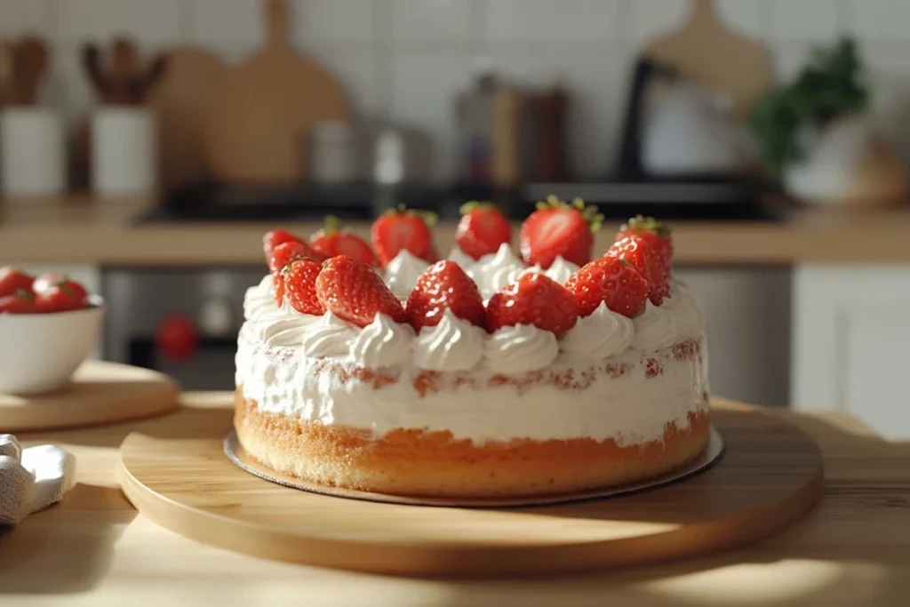 Fresh strawberries on tres leches cake