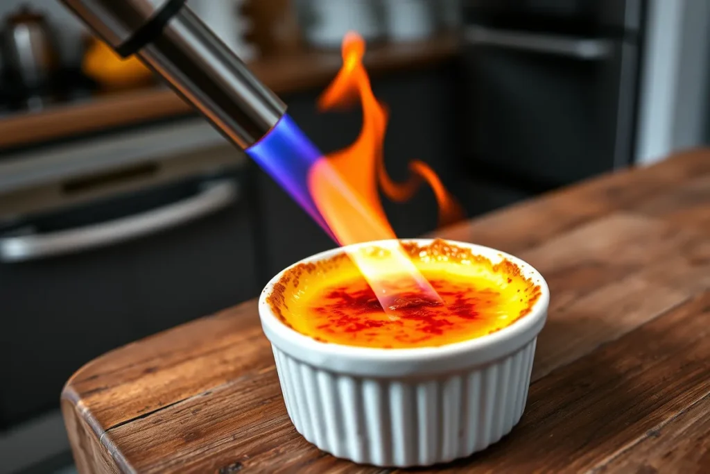 Golden caramelized sugar crust being torched on crème brûlée in a ramekin.